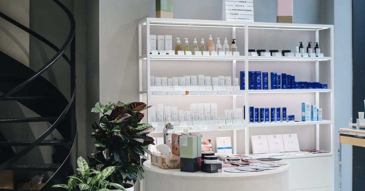 Contemporary beauty store interior showcasing various cosmetics on elegant shelves.